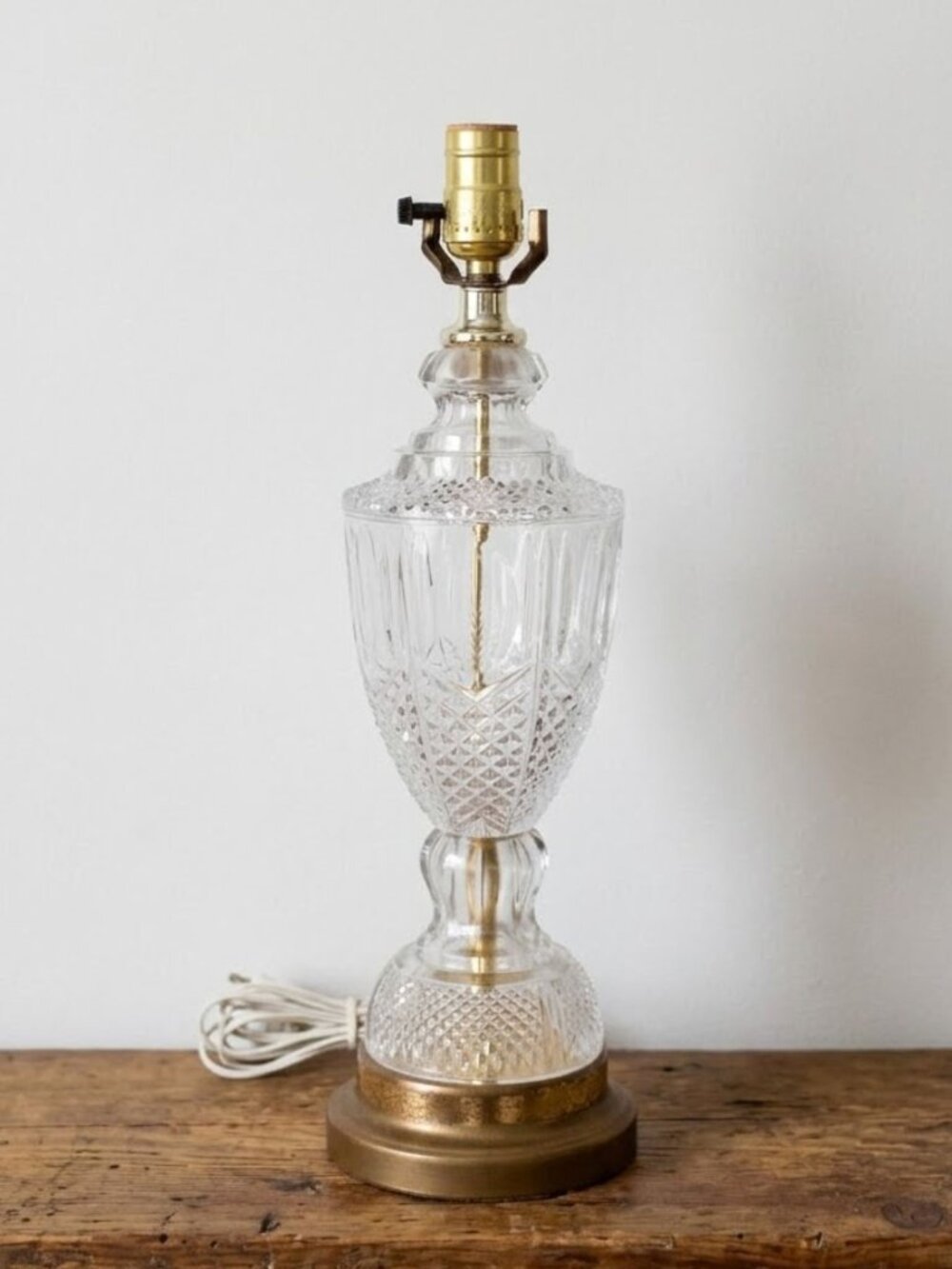 Vintage Cut Glass Table Lamp Brass Base Neoclassical Hollywood Regency Crystal